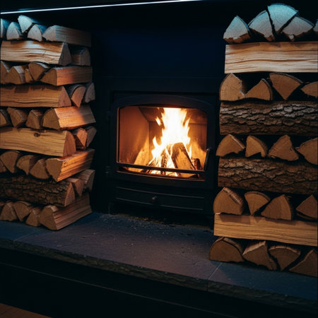 Fireplace in the winter. Firewood burning in the fireplace.の素材