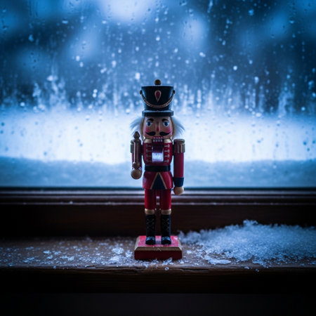 Vintage nutcracker toy standing on a window sill with snow and rainの素材