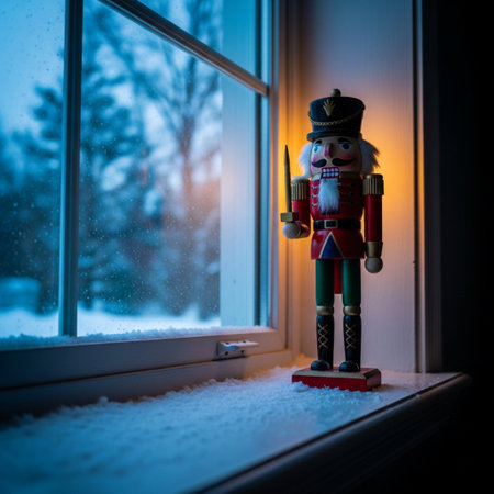 Christmas toy nutcracker standing on the window sill. Christmas concept.の素材