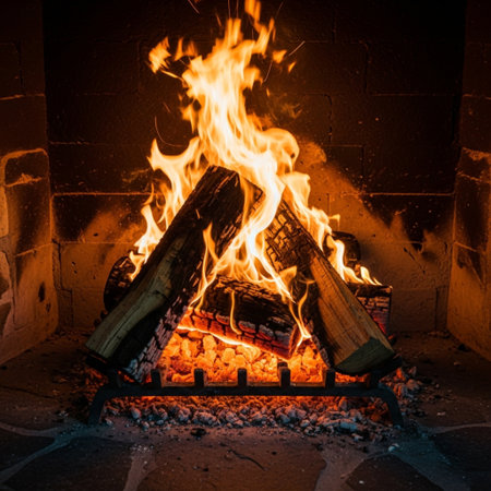 Burning firewood in a fireplace. Firewood burning in a fireplace.の素材