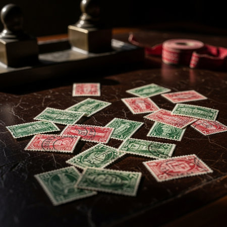 Vintage stamps on a table in a barbershop. Retro style.の素材