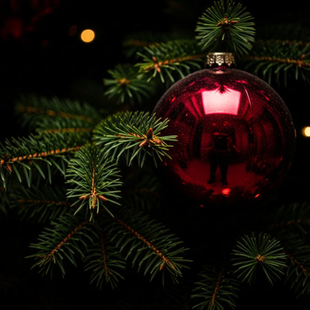 Red Christmas ball on a spruce branch with bokeh backgroundの素材