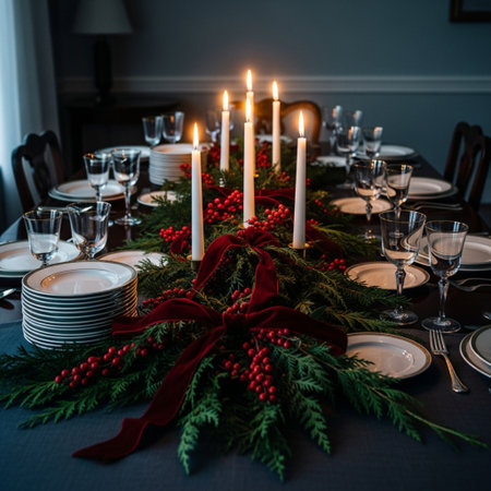 Festive table setting for Christmas and New Year dinner with candles and decorationsの素材