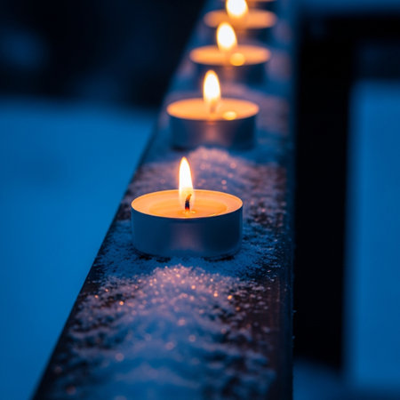 Candles in the snow, close-up, selective focus.の素材