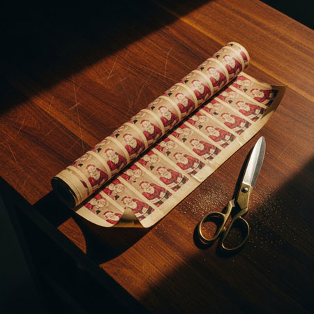 Scissors and paper roll on a wooden table. Vintage style.の素材