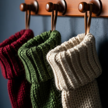 Colorful knitted socks hanging on wooden hangers, closeupの素材