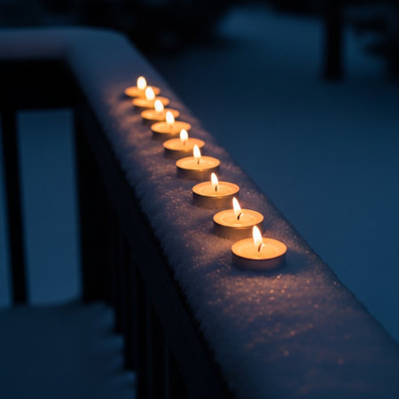 Burning candles in the snow. Shallow depth of field.の素材