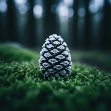 Frozen pine cone on green moss in forest. Shallow depth of fieldの素材
