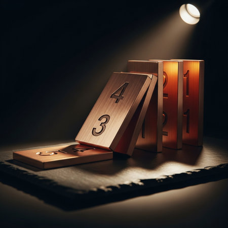 3D Illustration of a set of wooden numbers in a dark roomの素材