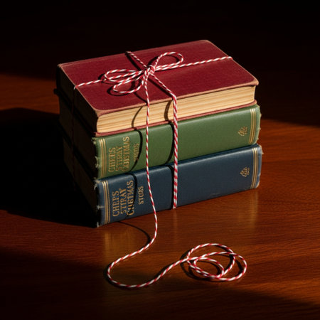 Books tied with a rope on a wooden table in the dark.の素材