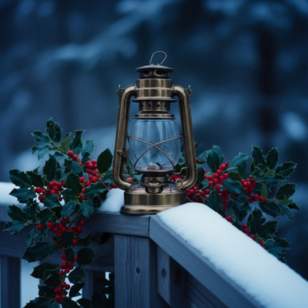 Christmas lantern on a snowy balcony with holly berry in winterの素材