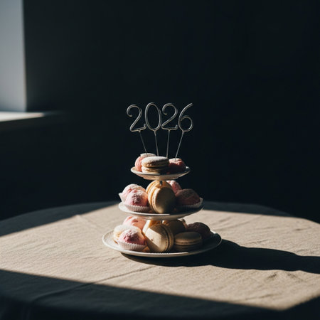 Happy New Year 2020. Cupcakes, macaroons, cookies in the form of numbers on a white plate on a dark background.の素材