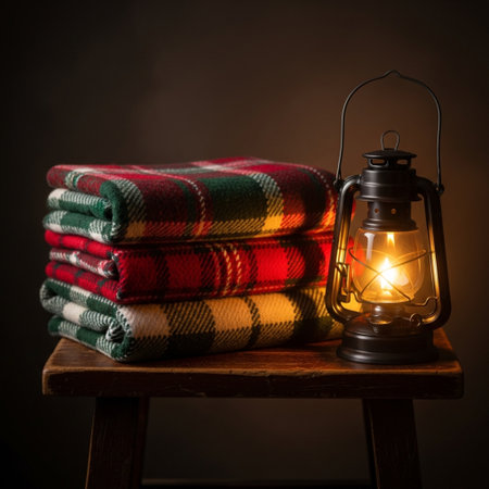 Lantern, plaid and a burning candle on a dark backgroundの素材