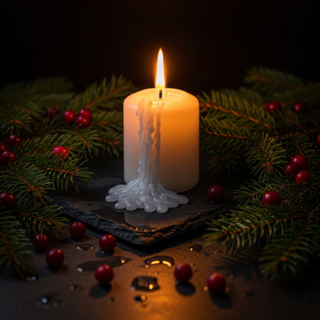 Burning candle on a dark background with fir branches and cranberriesの素材