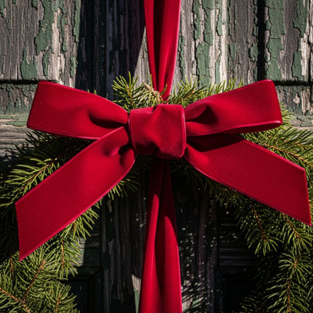 Christmas tree branch with red bow on old wooden door background. Toned.の素材