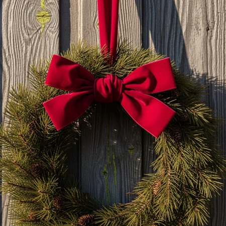 Christmas wreath with red bow and pine branches on a wooden backgroundの素材