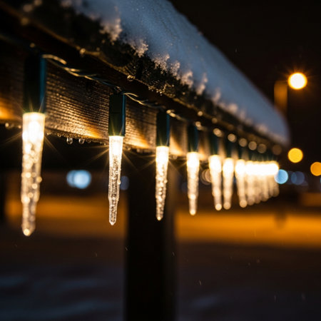 Icicles on a wooden fence in the city at night.の素材