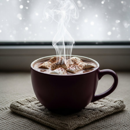 Cup of hot cocoa with marshmallow on the window sill.の素材