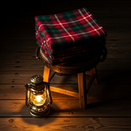 Lantern and plaid on a chair on a wooden backgroundの素材