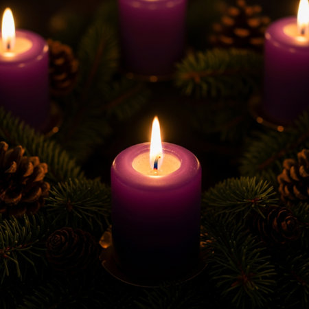 Christmas background with candles and fir branches. Shallow depth of field.の素材