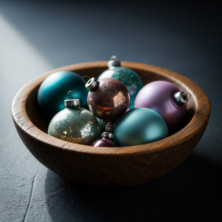 Christmas balls in wooden bowl on black background. New Year decoration.の素材