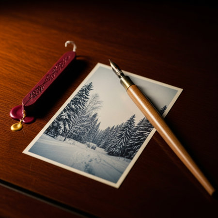 vintage ink pen and photo frame on wooden table, closeupの素材