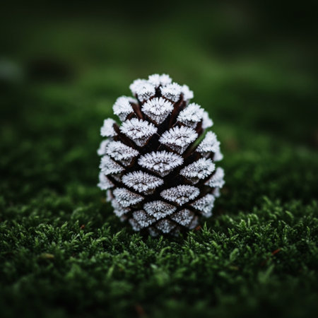 Frozen pine cone on green moss background. Christmas card concept.の素材