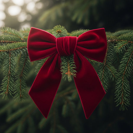 Red bow tie on christmas tree branch. Christmas and New Year background.の素材