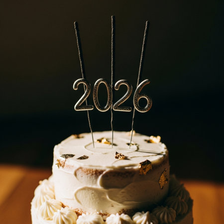 a white cake with candles on a dark backgroundの素材