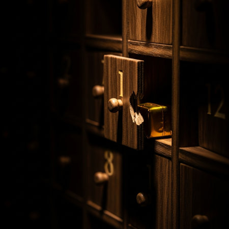 Closeup of an old wooden filing cabinet with a golden lock.の素材