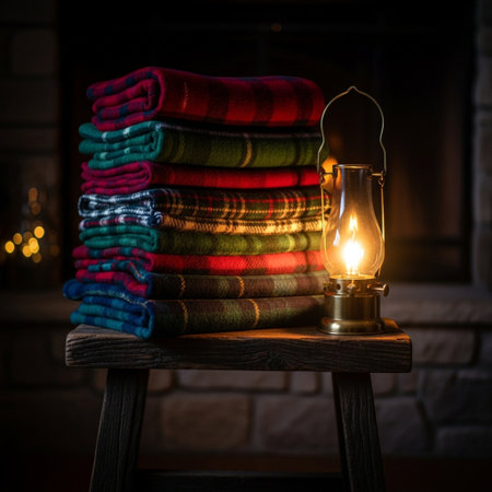 Lantern, stack of warm plaids on a chair in front of a fireplaceの素材