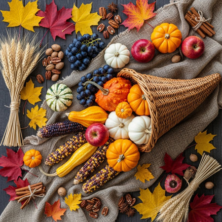 Autumn still life with pumpkins, apples, corn, berries and leaves on wooden backgroundの素材