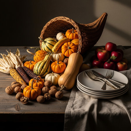 Thanksgiving table setting with pumpkins, apples and corn on wooden tableの素材