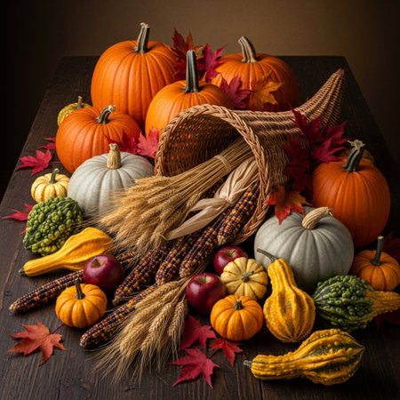 Autumn still life with pumpkins, leaves and corn on wooden backgroundの素材