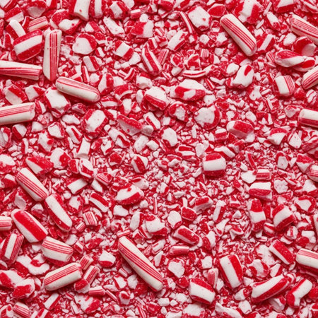 Background of red and white peppermint candy canes. Top view.の素材
