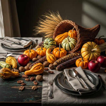 Autumn table setting with pumpkins, apples and nuts on dark wooden backgroundの素材