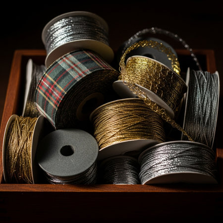 Spools of thread in a wooden box on a dark background.の素材