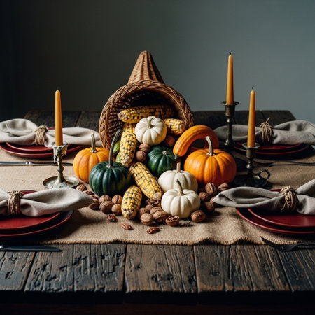 Autumn table setting with pumpkins, corn and nuts on wooden backgroundの素材