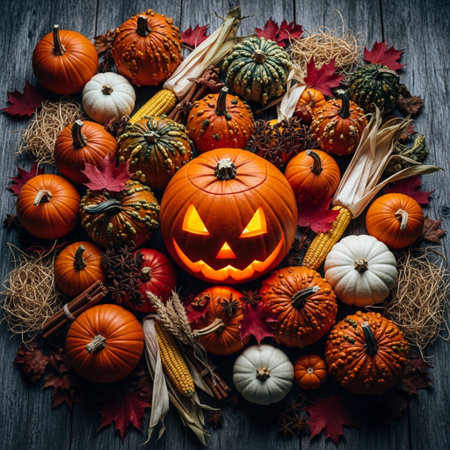 Halloween pumpkins and autumn leaves on wooden background, top viewの素材