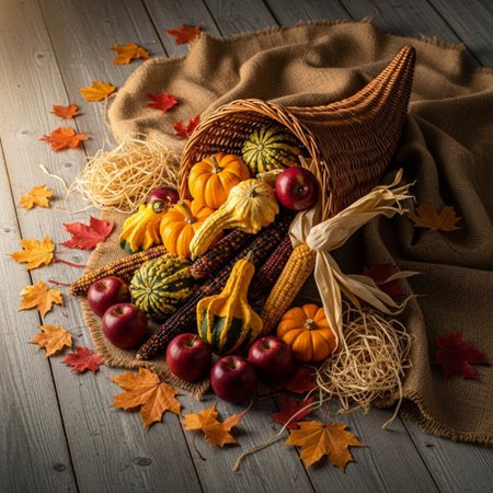 Autumn still life with pumpkins, apples and corn on wooden backgroundの素材