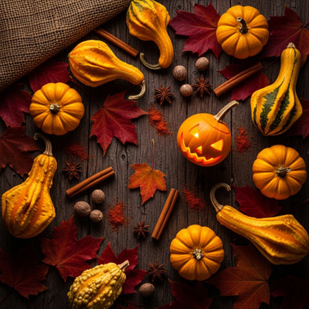 Halloween pumpkins, autumn leaves and spices on rustic wooden backgroundの素材