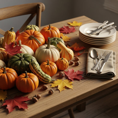 Autumn table setting with pumpkins and fall leaves on wooden tableの素材