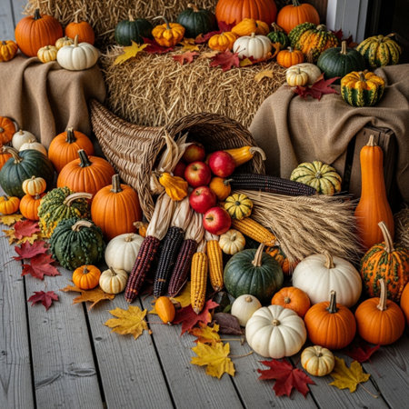 Autumn still life with pumpkins and fall leaves on wooden backgroundの素材