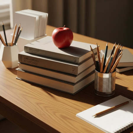 Books, pencils and apple on wooden table. Back to school conceptの素材