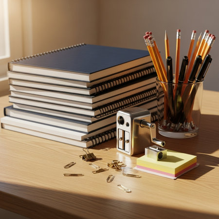 Pencil sharpener and notebooks on a wooden table in the officeの素材
