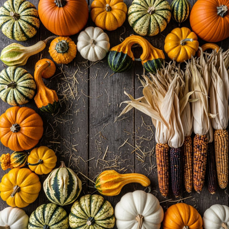 Colorful pumpkins on rustic wooden background. Autumn harvest concept.の素材