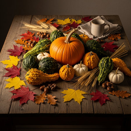 Autumn still life with pumpkins and leaves on a wooden tableの素材