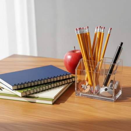 Pencils, notebook, pencil sharpener and apple on wooden tableの素材