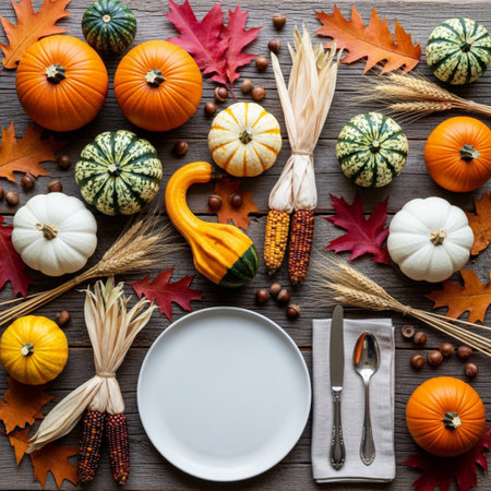 Autumn table setting with pumpkins and fall leaves on wooden backgroundの素材