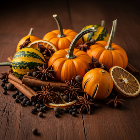 Autumn still life with pumpkins and spices on a wooden backgroundの素材
